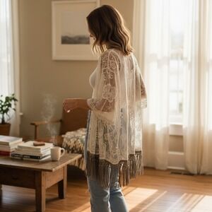 OROGAMI Embroidered Lace Fringe Kimono or Duster Cardigan One Size